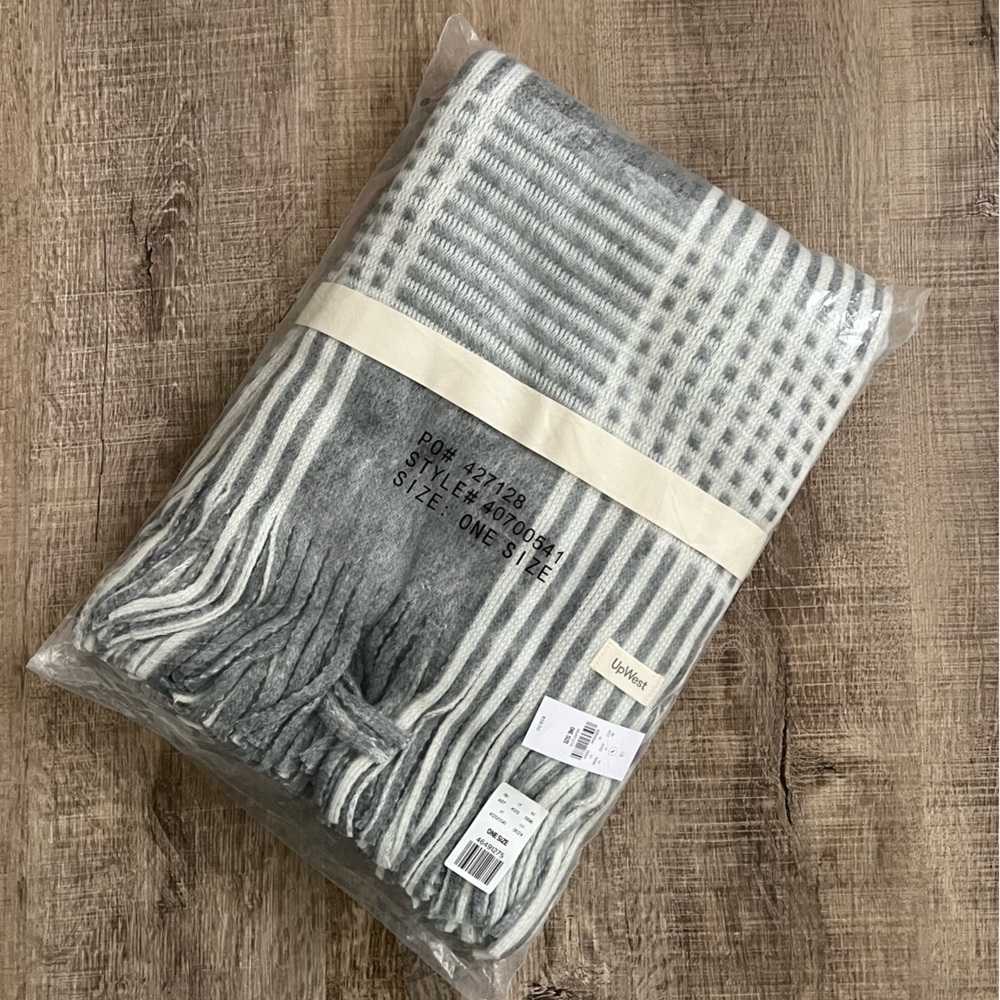 Grey and white throw blanket from up west
